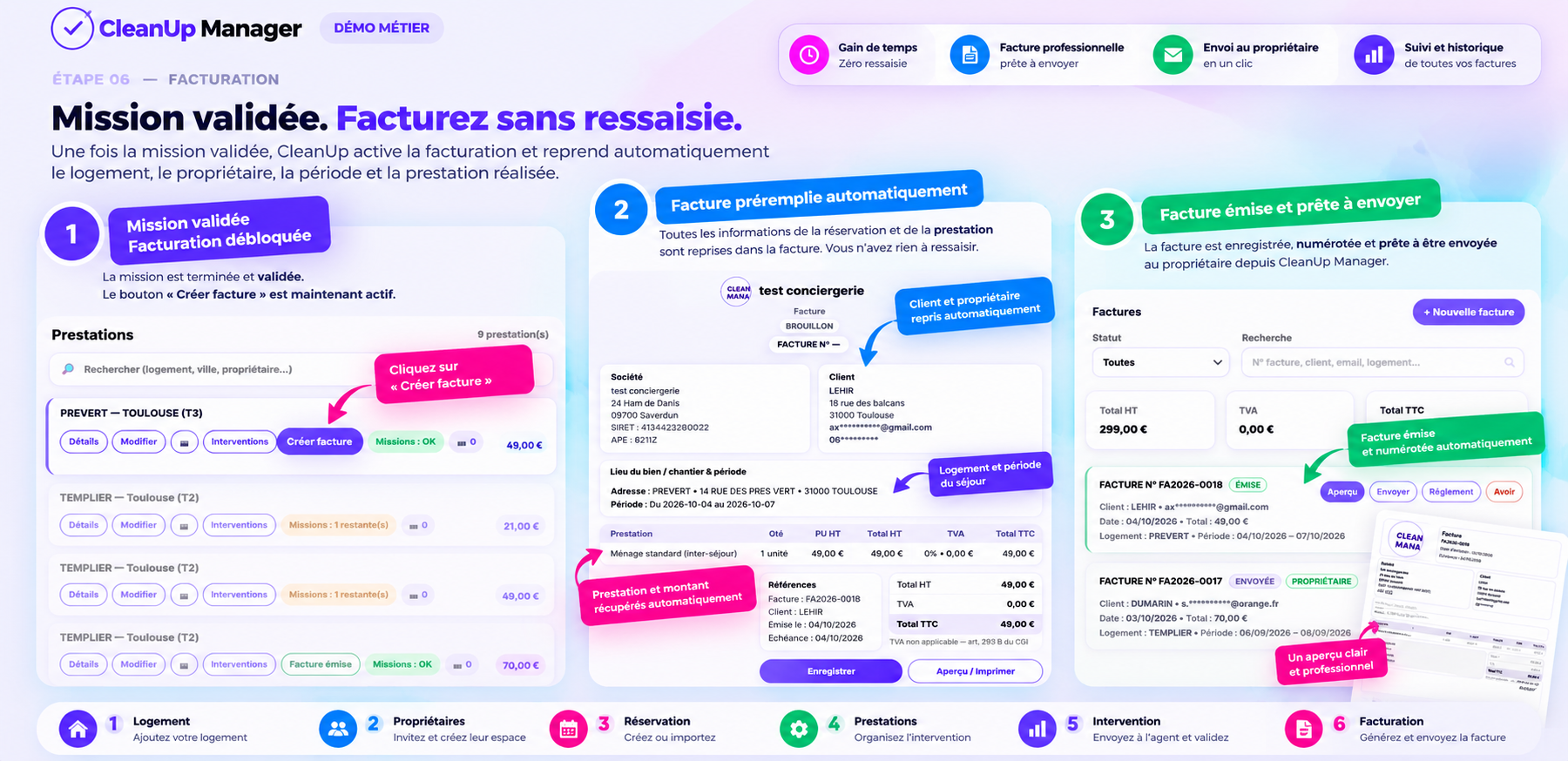 CleanUp Manager — mission validée, facture préremplie et facture émise